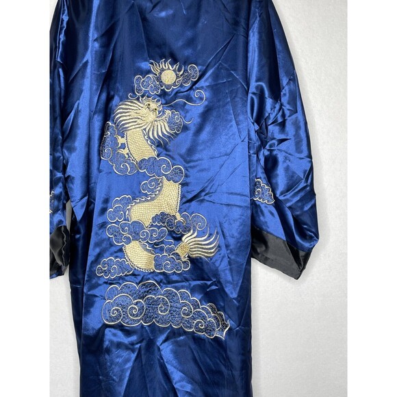 Men's Robe Kimono Reversible Embroidered Dragon Asian  Black & Blue No Belt - Picture 15 of 16